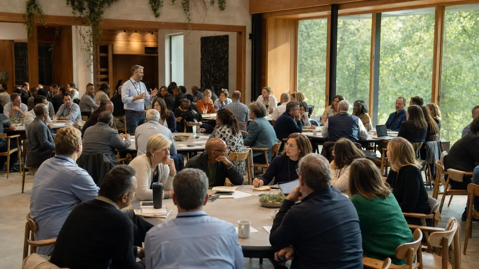Professionals seated at round tables while a chapter leader speaks at a city chapter meeting