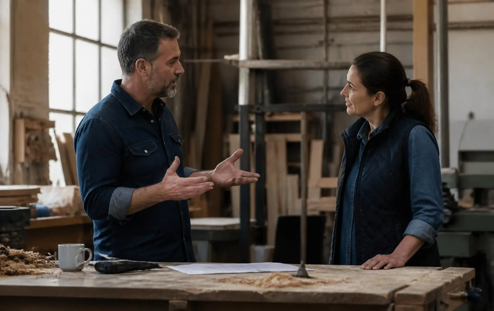 Two business owners talking over plans in a small family workshop