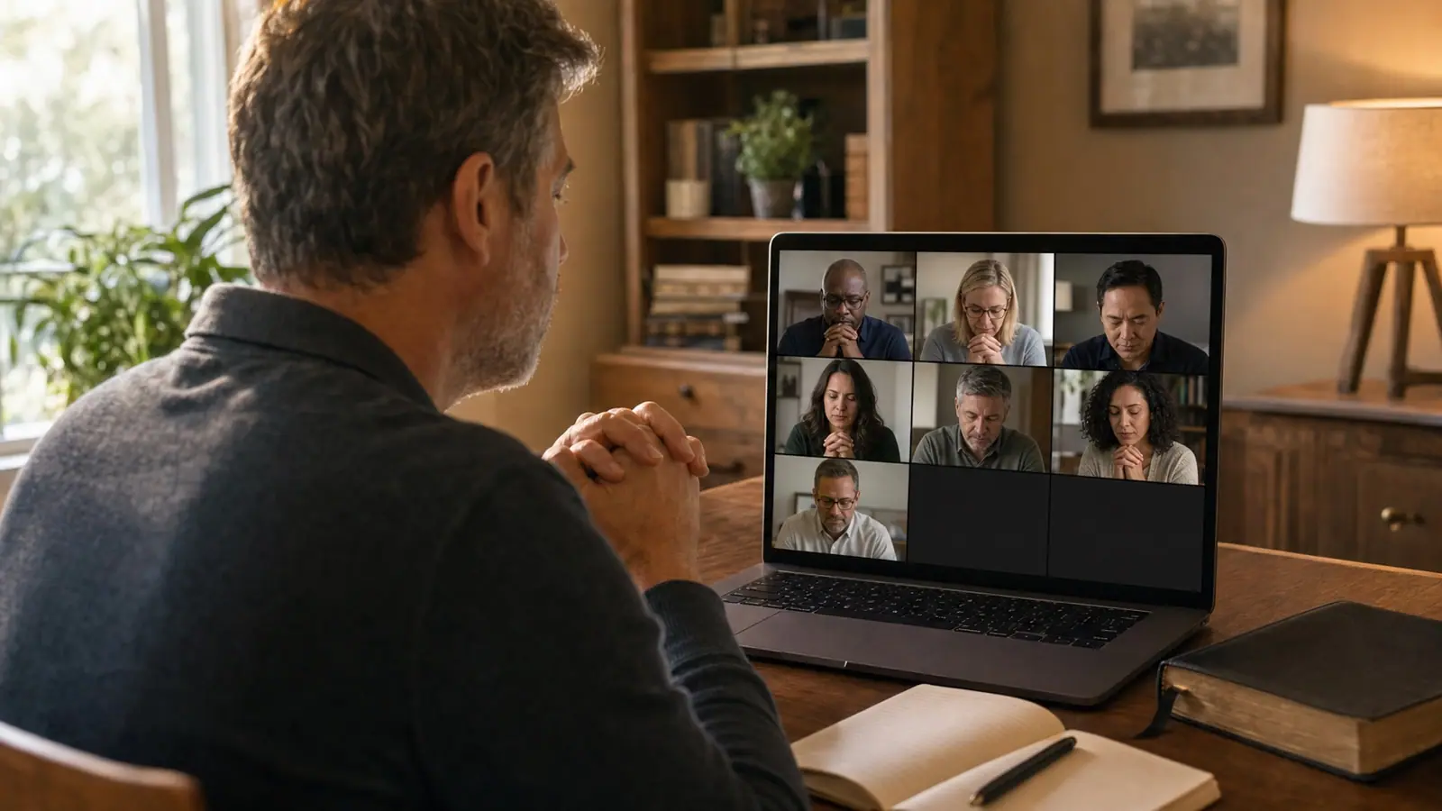 A man at a home desk with hands folded in prayer while seven others pray together on a video call